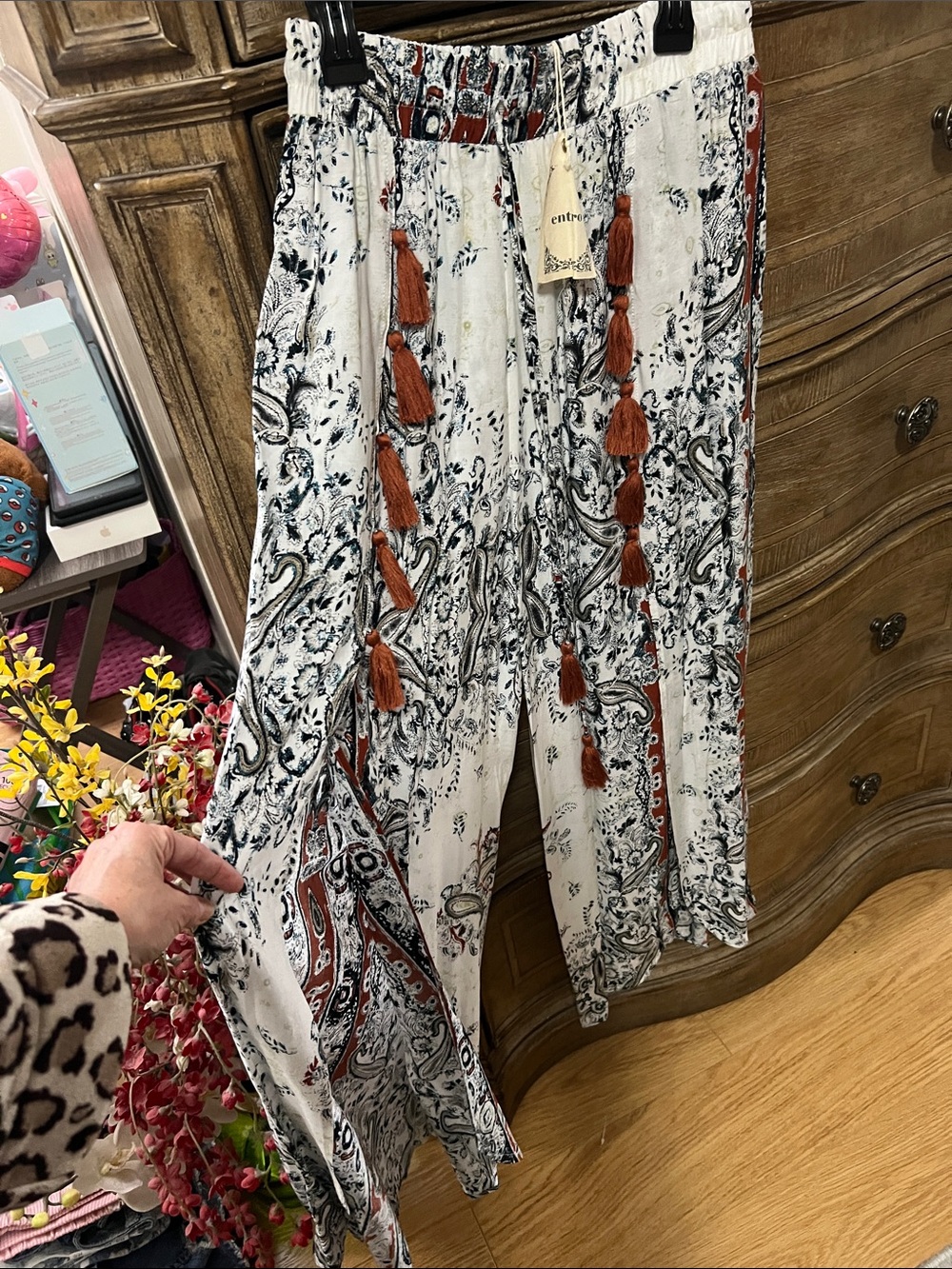 entro White Paisley Wide-Leg Jumpsuit with Rust Tassels